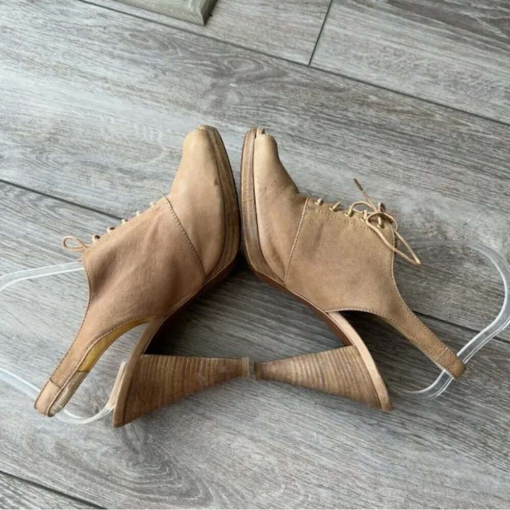 J Crew Peep Toe Lace Up Tan Leather Slingback Wooden Heel Pumps - Picture 8 of 13